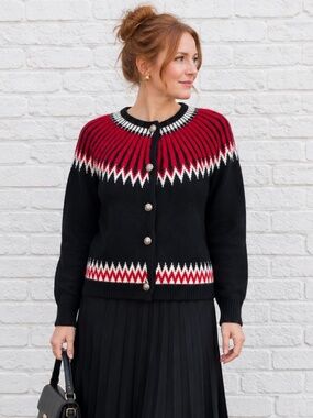 Ricki’s Black Red White Fair Isle Cardigan with Crest Buttons Size M